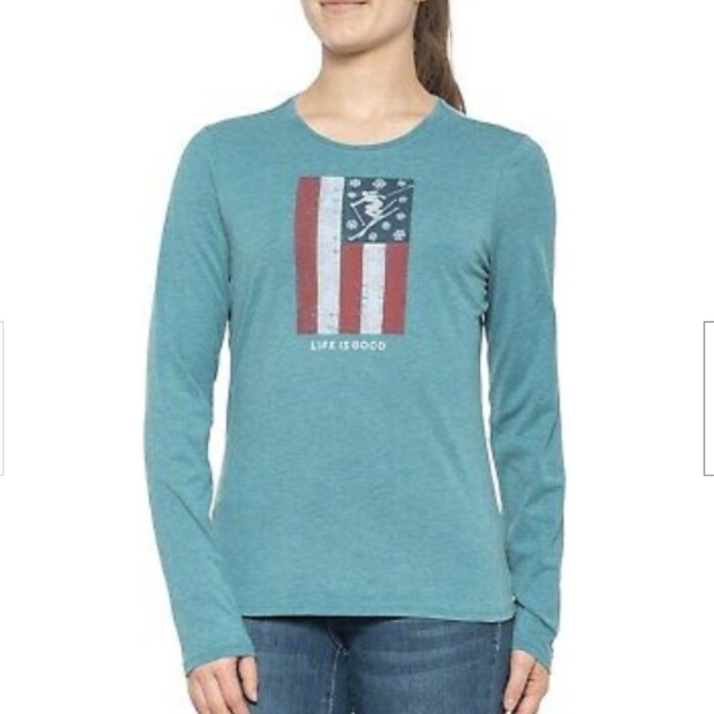 Life is Good Sweet Tee Women's Ski and Flag Long Sleeve T- Shirt L - Picture 6 of 7